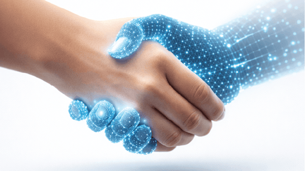Ikon som viser et menneskelig håndtrykk med en digital hånd, som representerer D-Cloud sin personlige kundeservice og tekniske ekspertise.