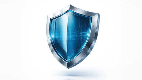 3D-illustrasjon av et futuristisk sikkerhetsskjold som symboliserer D-Cloud sin døgnkontinuerlige overvåking og cybersikkerhet.